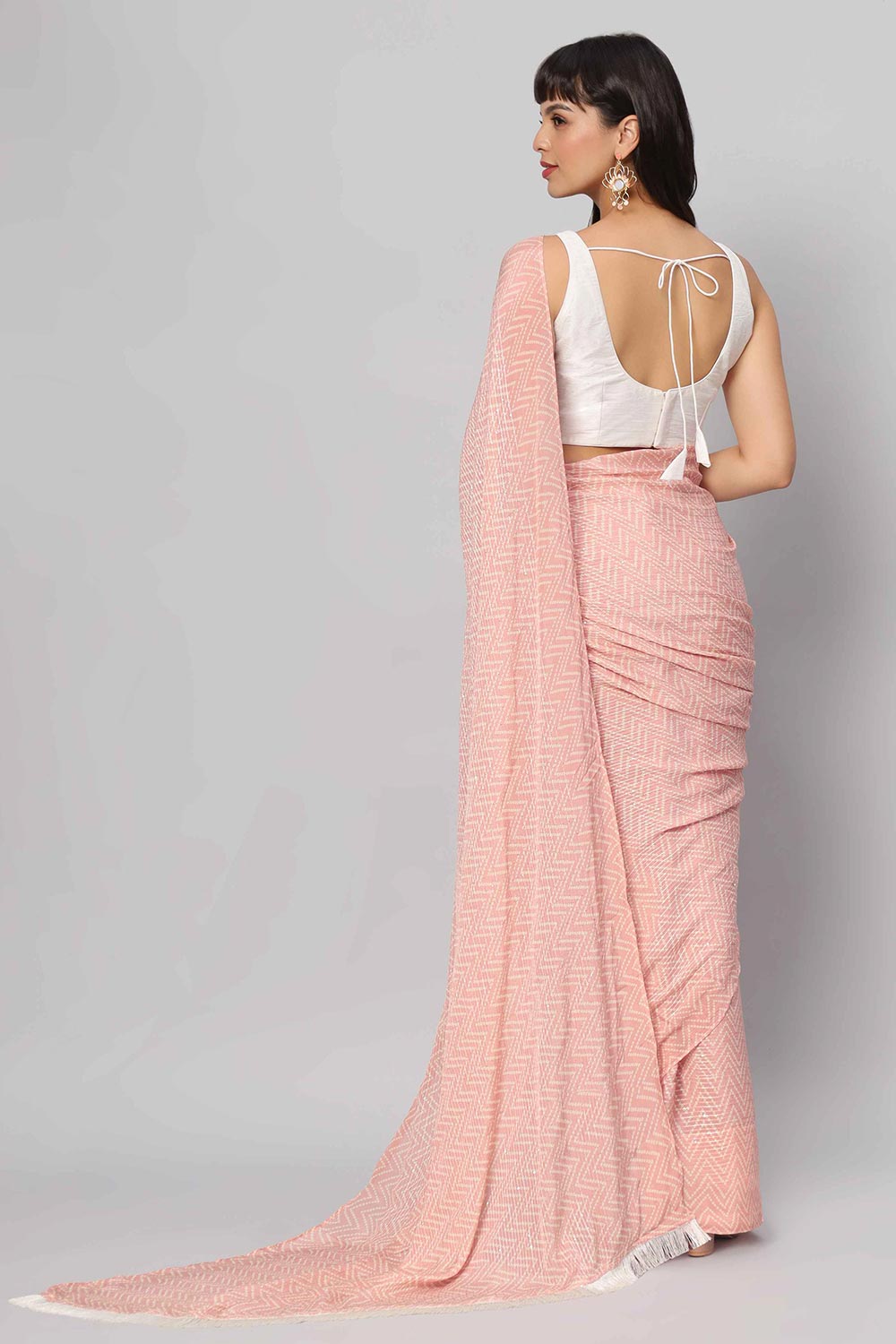 Shop Mehr Peach & White Zigzag Sequins Crepe Silk One Minute Saree at best offer at our  Store - One Minute Saree