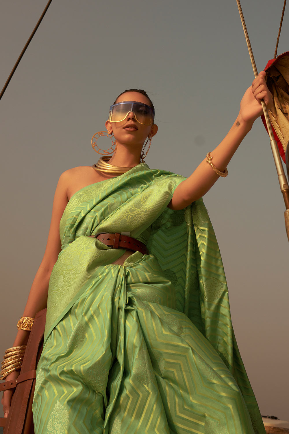 Shop Kingston Green Satin Nylon Two Tone Weaving Saree at best offer at our  Store - One Minute Saree