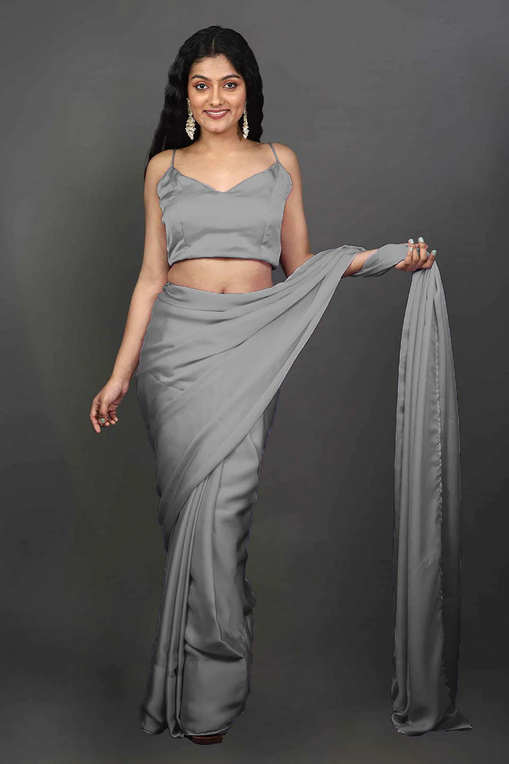 Shop Greta Grey Monochrome Satin One Minute Saree at best offer at our  Store - One Minute Saree