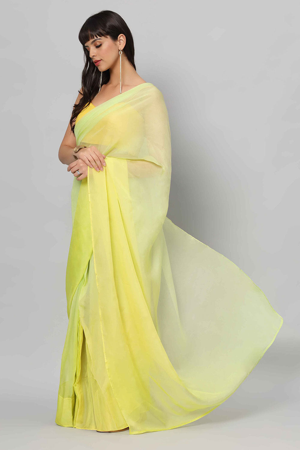Buy Liza Multi-Shaded Yellow Soft Organza One Minute Saree Online - Back