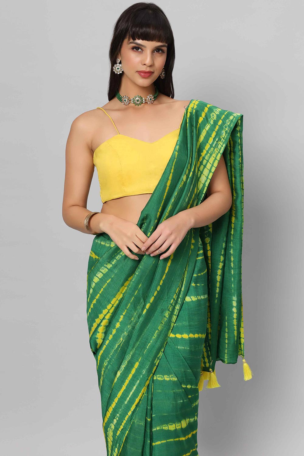 Buy Gia Green & Yellow Tie Dye Georgette Silk One Minute Saree Online