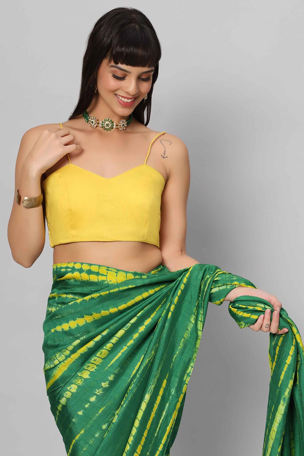 Buy Gia Green & Yellow Tie Dye Georgette Silk One Minute Saree Online - Front