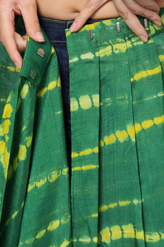 Buy Gia Green & Yellow Tie Dye Georgette Silk One Minute Saree Online - Zoom In