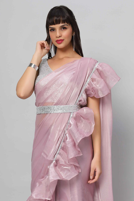 Buy Lorna Lavender Tissue Organza Ruffle One Minute Saree Online - Back