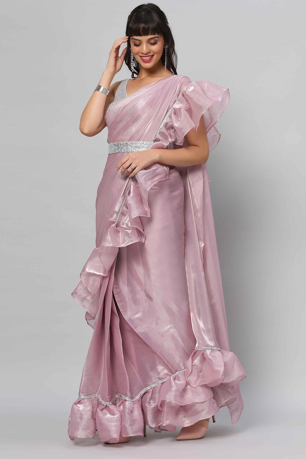 Buy Lorna Lavender Tissue Organza Ruffle One Minute Saree Online