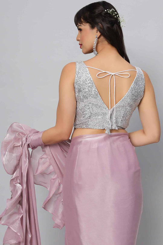 Buy Lorna Lavender Tissue Organza Ruffle One Minute Saree Online - Side