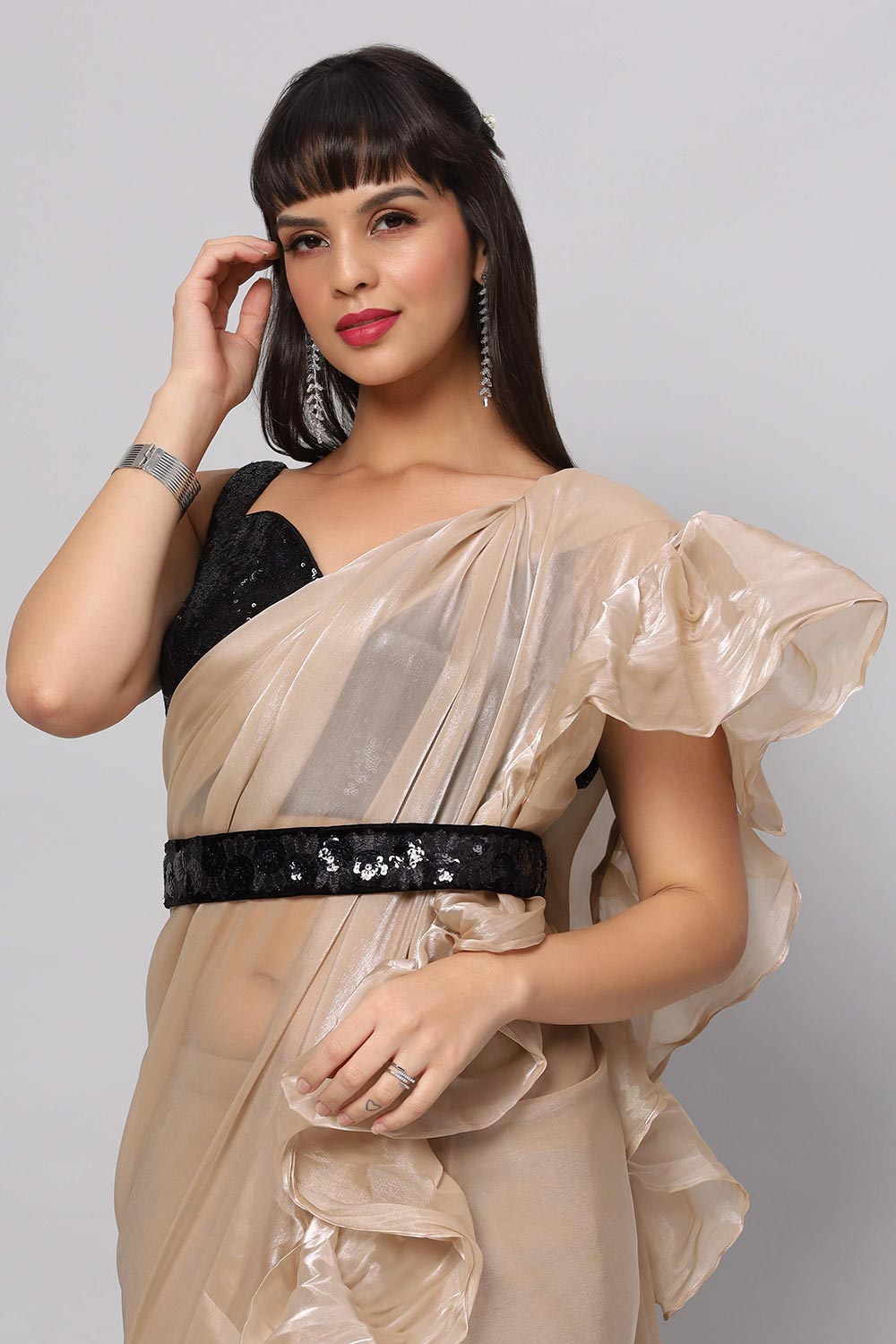 Buy Bianca Beige Tissue Organza Ruffle One Minute Saree Online