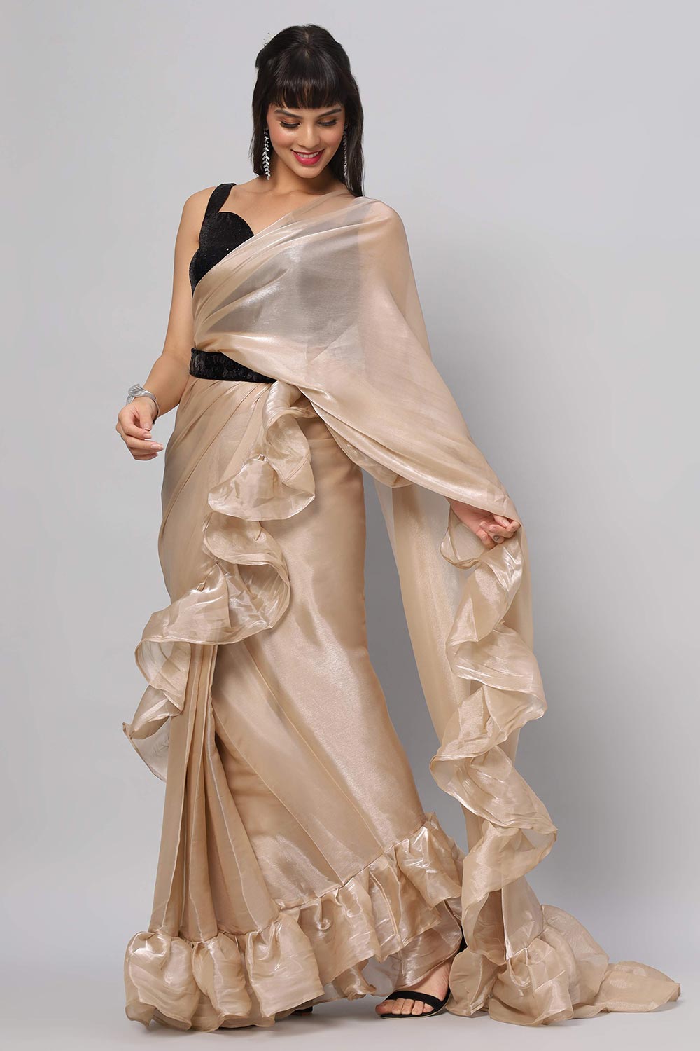 Buy Bianca Beige Tissue Organza Ruffle One Minute Saree Online - Back