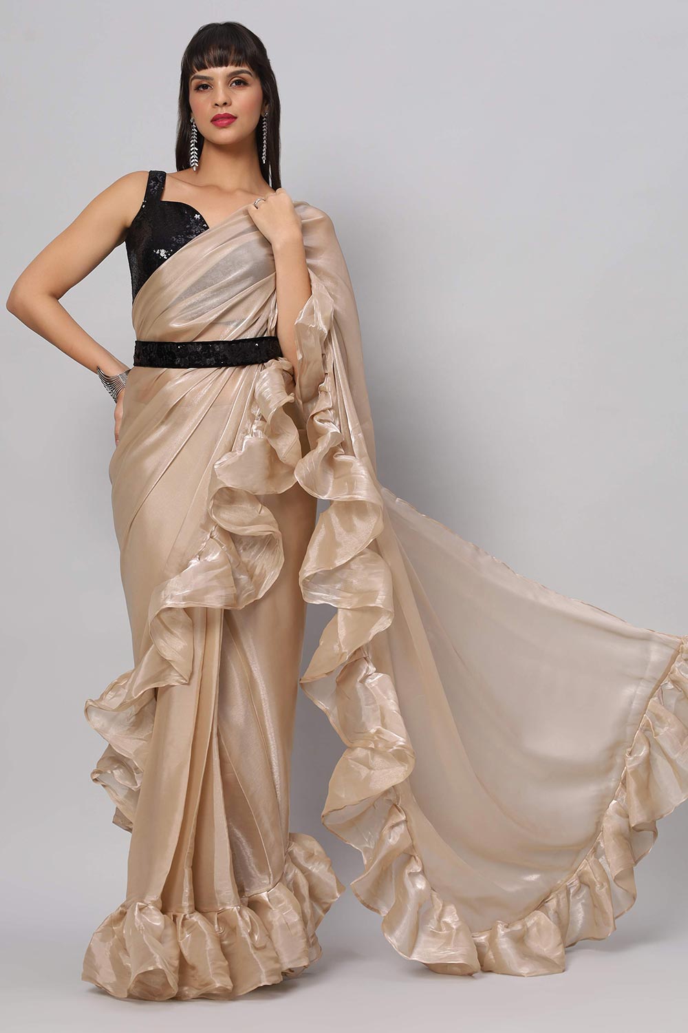 Buy Bianca Beige Tissue Organza Ruffle One Minute Saree Online - One Minute Saree