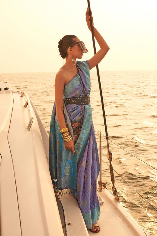 Buy Kingston Blue &amp; Violet Satin Nylon Two Tone Weaving Saree Online - One Minute Saree