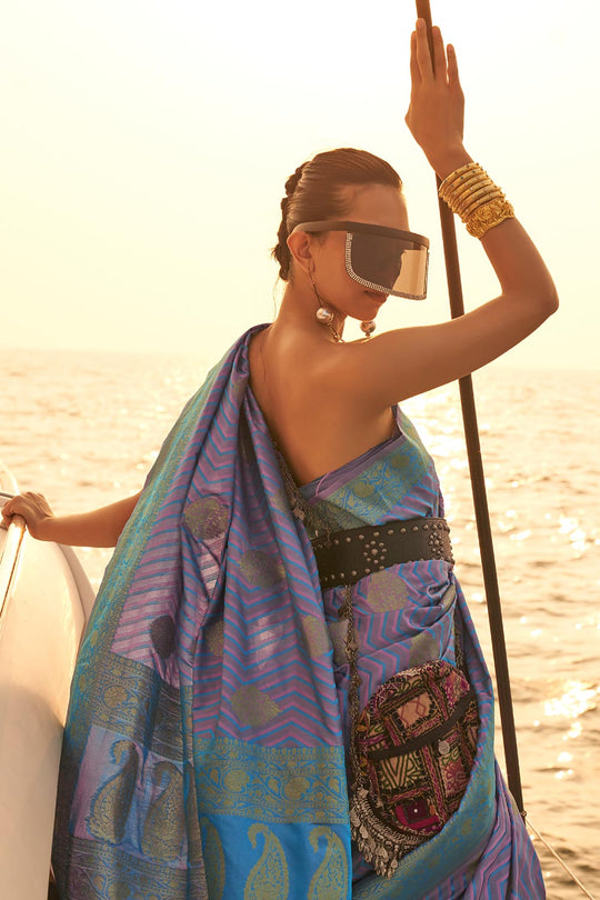 Shop Kingston Blue &amp; Violet Satin Nylon Two Tone Weaving Saree at best offer at our  Store - One Minute Saree