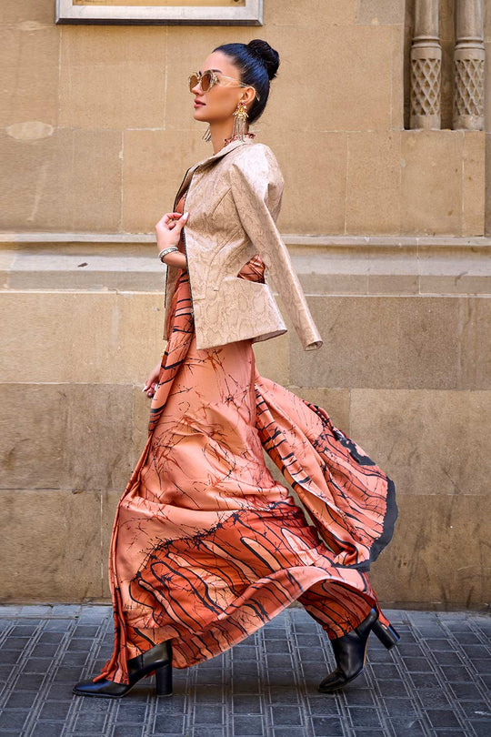 Shop Kubik Orange Abstract Printed Satin Crepe Saree at best offer at our  Store - One Minute Saree