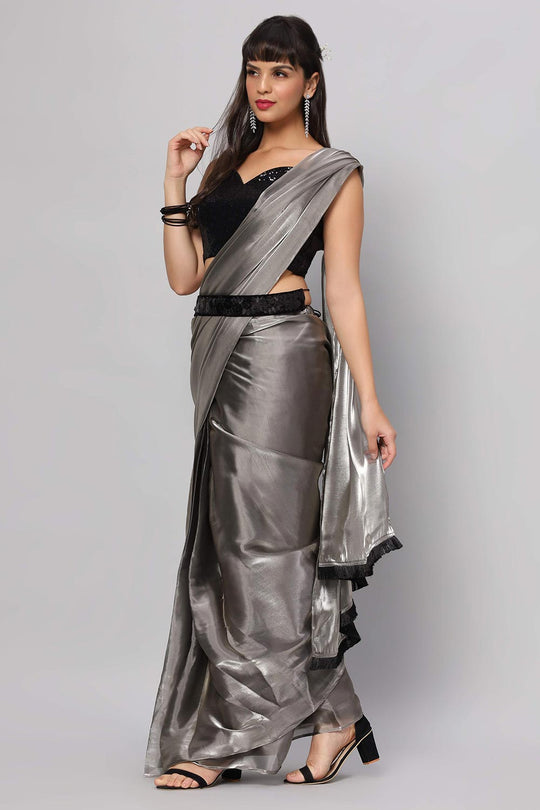 Buy Arya Dark Grey & Black Beaded Trim Readymade One Minute Saree Online - Back