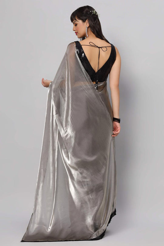 Shop Arya Dark Grey & Black Beaded Trim Readymade One Minute Saree at best offer at our  Store - One Minute Saree