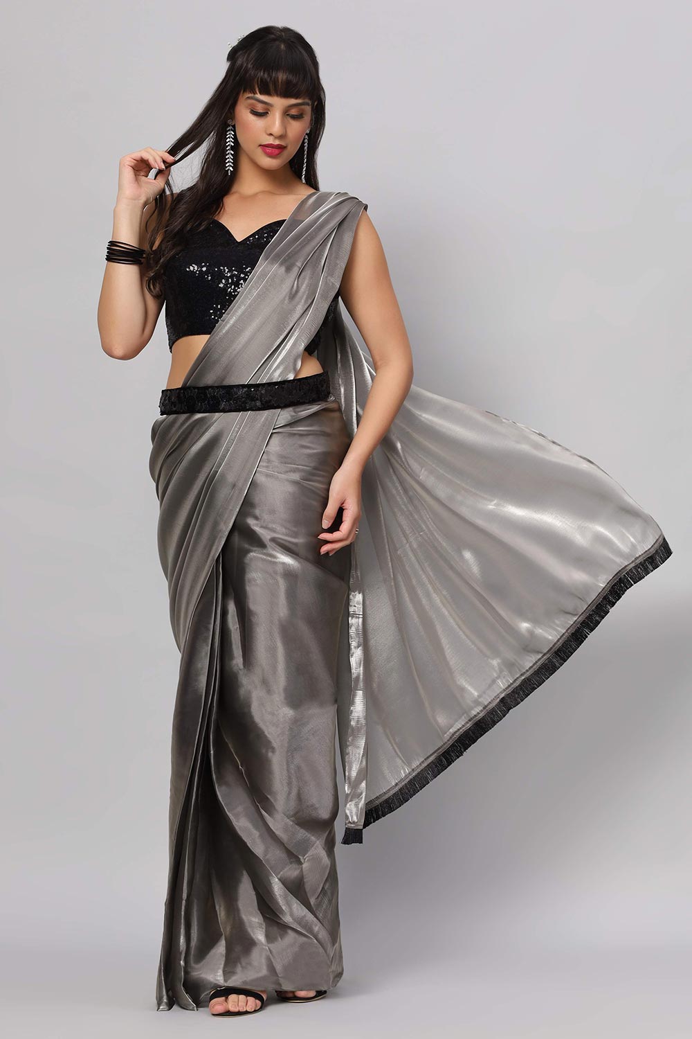 Buy Arya Dark Grey & Black Beaded Trim Readymade One Minute Saree Online - One Minute Saree