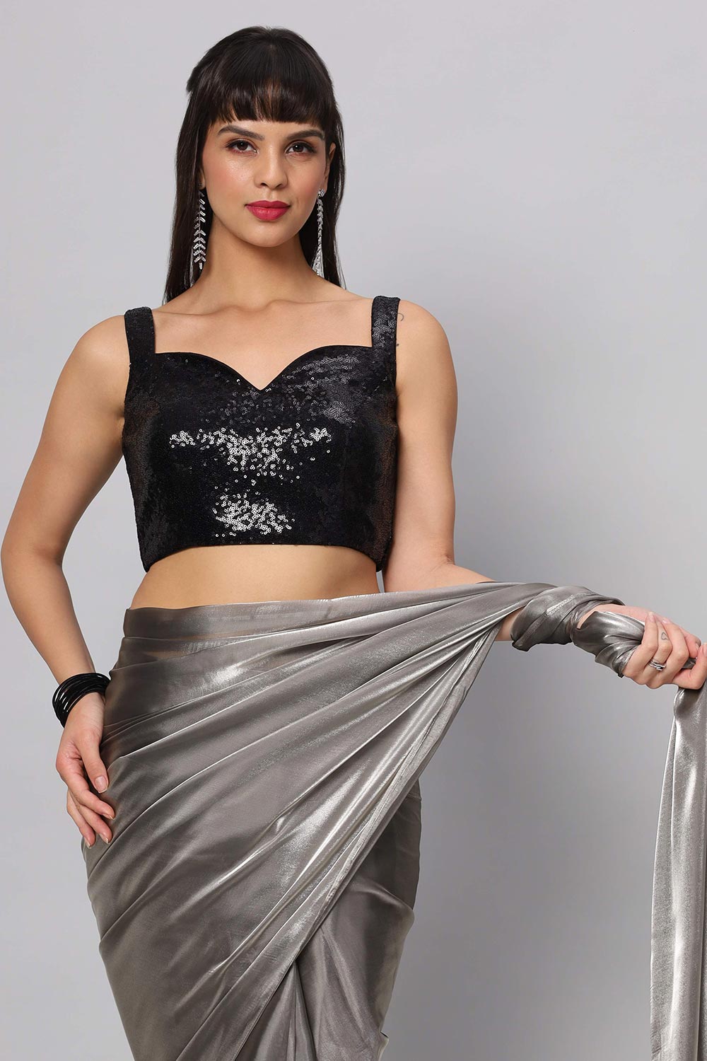 Buy Arya Dark Grey & Black Beaded Trim Readymade One Minute Saree Online - Side