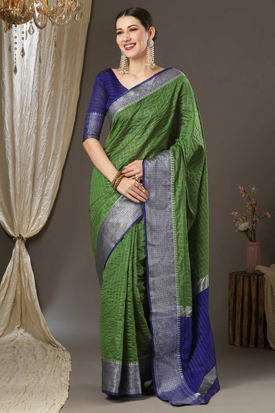 Buy Nat Green Aura Silk Checkered Woven Design Taant One Minute Saree Online - One Minute Saree