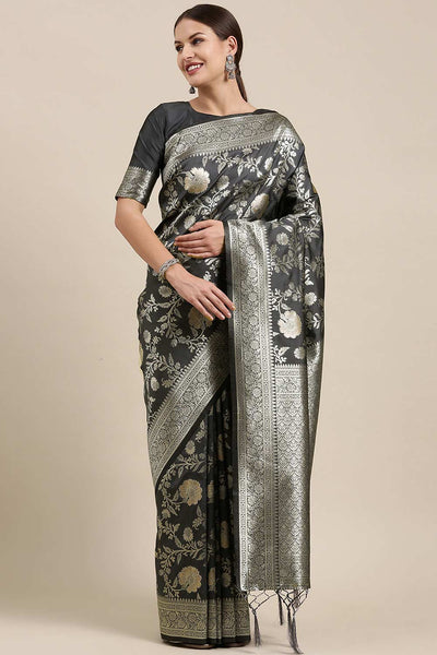 Buy Sangeeta Grey Kanjivaram Silk Floral One Minute Saree Online - One Minute Saree