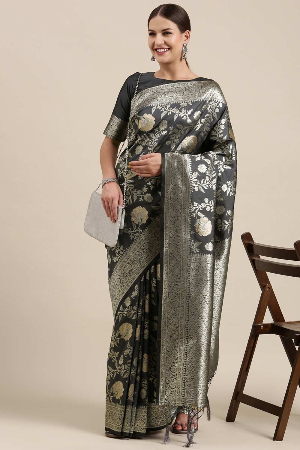 Buy Sangeeta Grey Kanjivaram Silk Floral One Minute Saree Online
