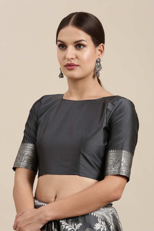 Buy Sangeeta Grey Kanjivaram Silk Floral One Minute Saree Online - Side