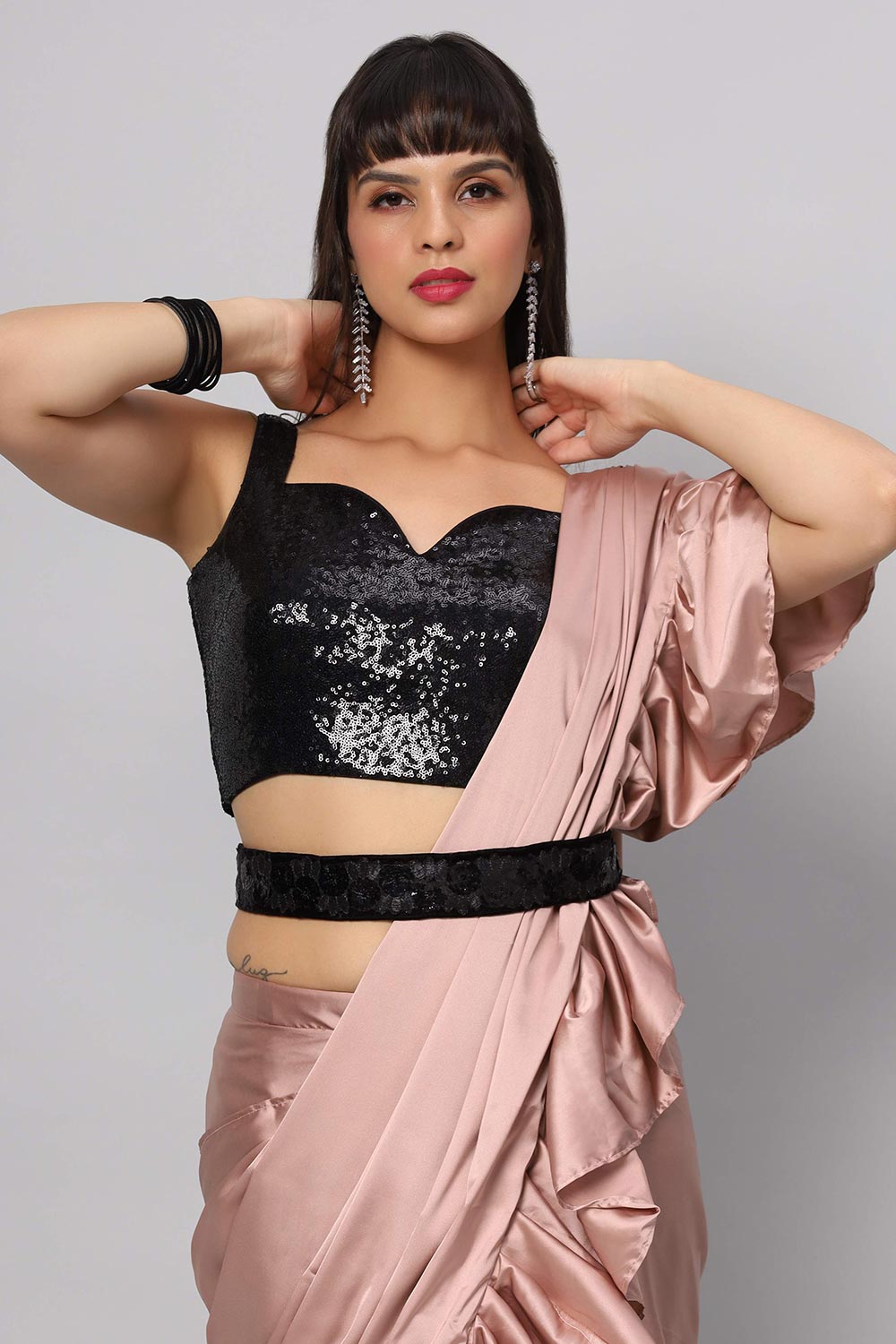 Buy Priya Dusty Rose Satin Flat Ruffle One Minute Saree Online