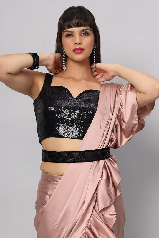 Buy Priya Dusty Rose Satin Flat Ruffle One Minute Saree Online