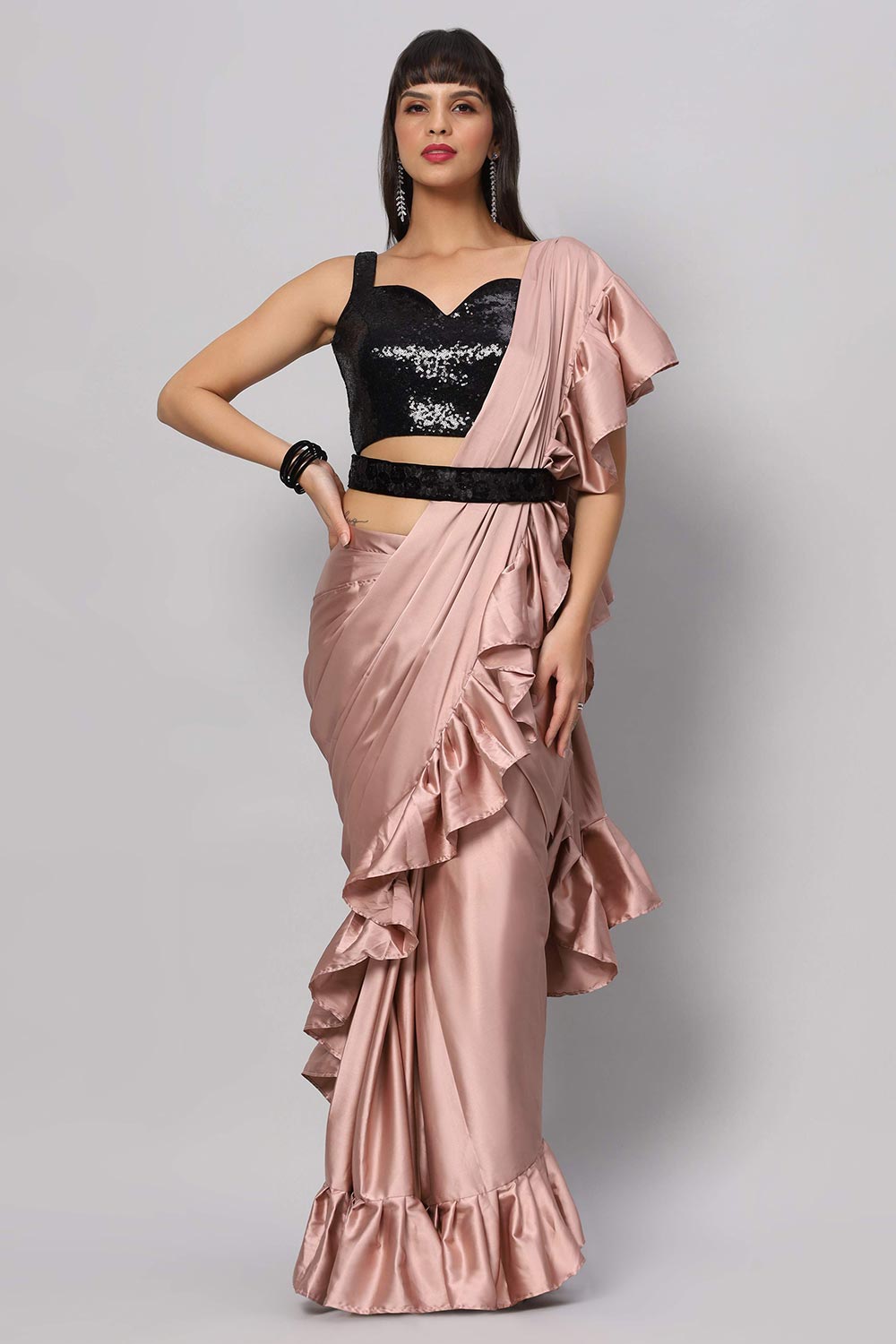 Buy Priya Dusty Rose Satin Flat Ruffle One Minute Saree Online - One Minute Saree