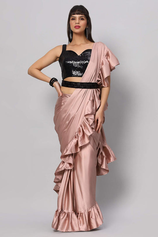Buy Priya Dusty Rose Satin Flat Ruffle One Minute Saree Online - One Minute Saree