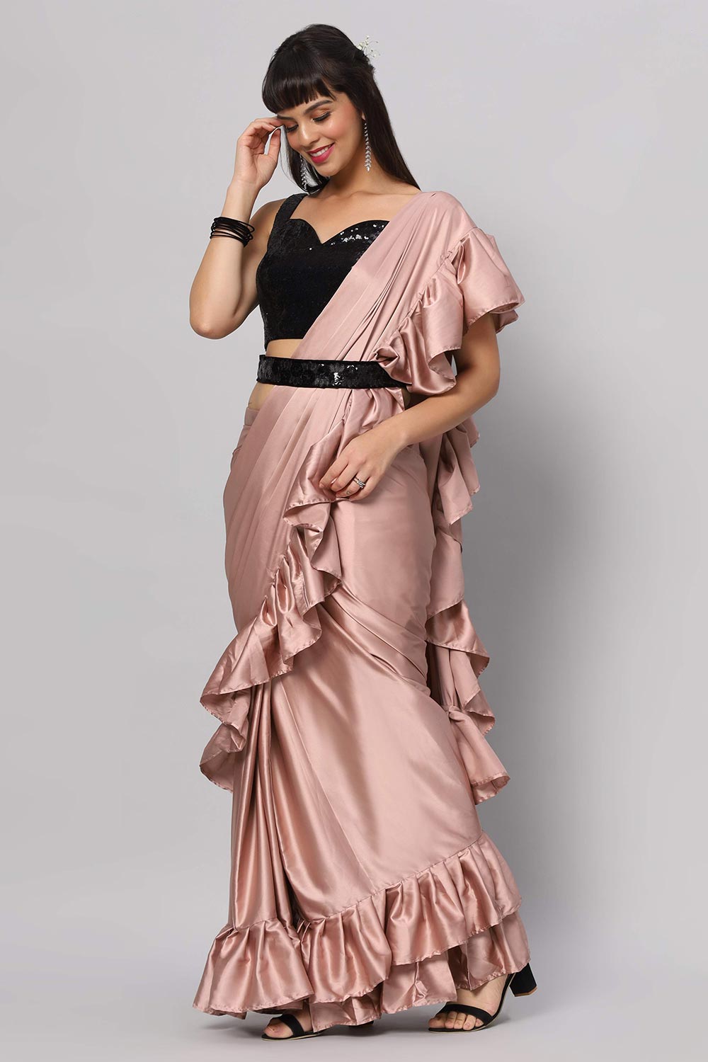 Buy Priya Dusty Rose Satin Flat Ruffle One Minute Saree Online - Back