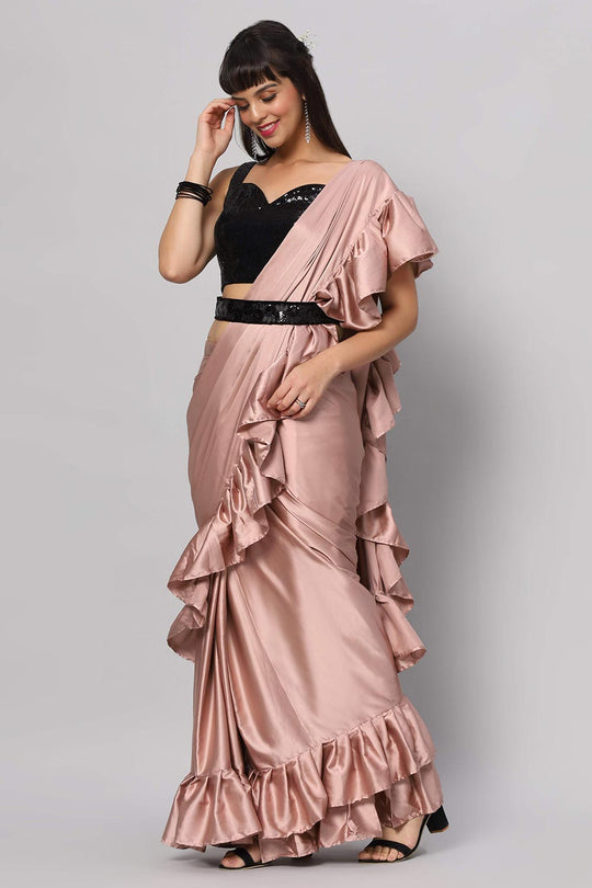 Buy Priya Dusty Rose Satin Flat Ruffle One Minute Saree Online - Back