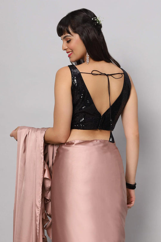 Buy Priya Dusty Rose Satin Flat Ruffle One Minute Saree Online - Side