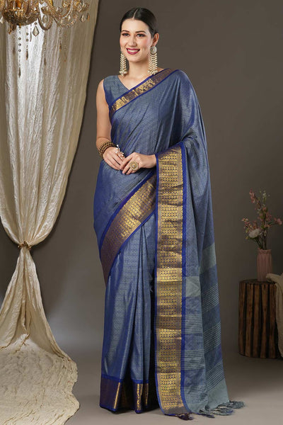 Buy Bina Blue Aura Silk Woven Taant One Minute Saree Online - One Minute Saree