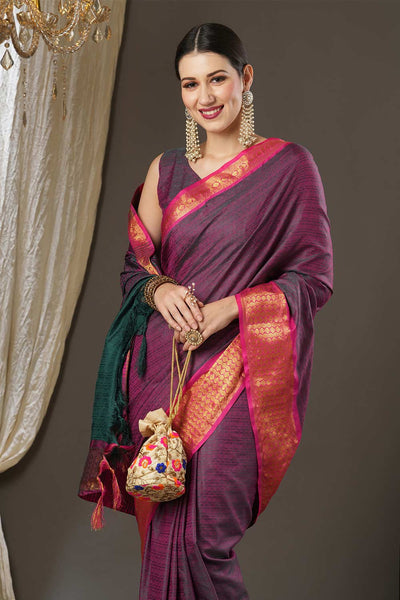 Buy Poonam Purple Aura Silk Abrstract Taant One Minute Saree Online - Front
