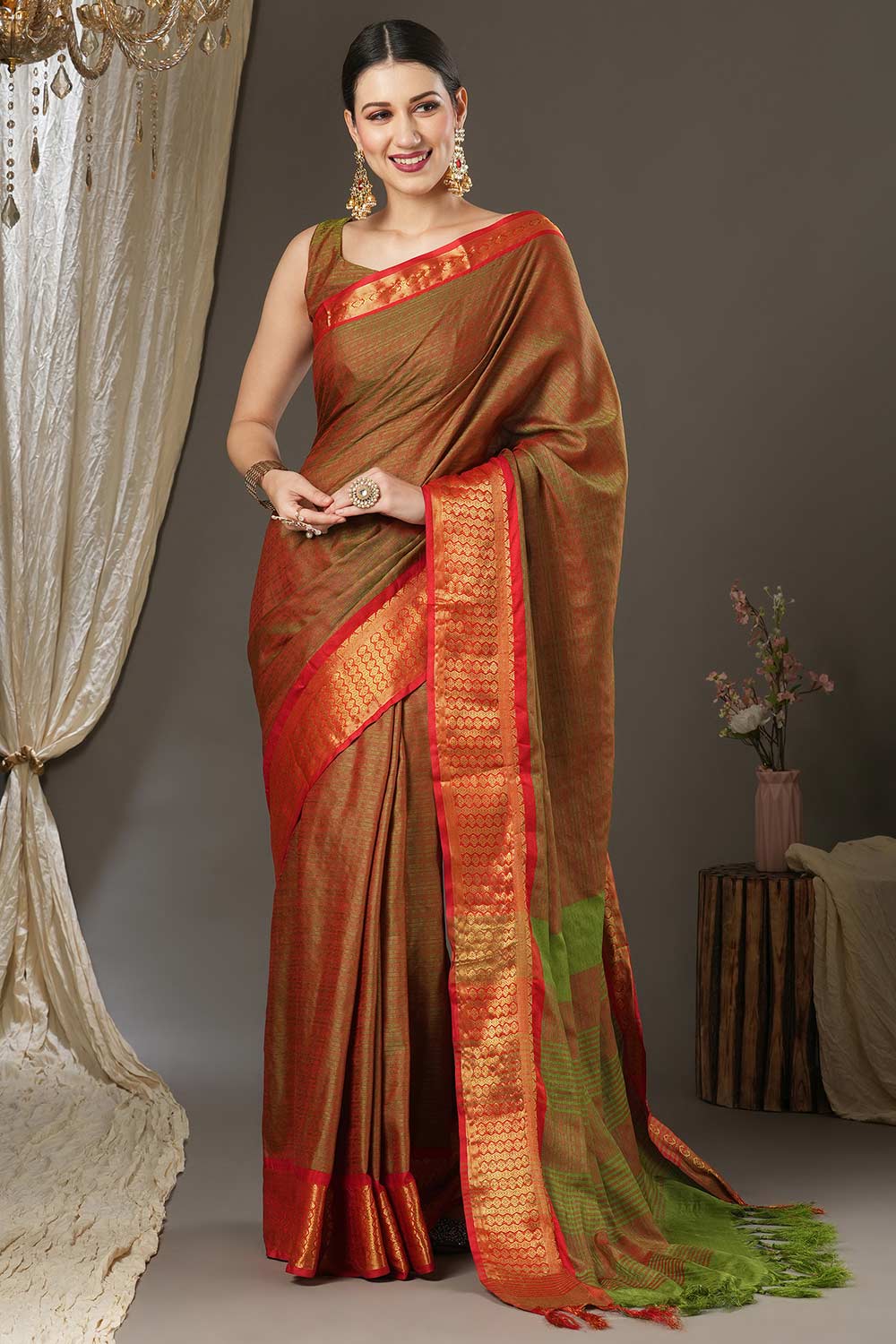 Buy Aura Orange Aura Silk Abstract Woven Design Taant One Minute Saree Online - One Minute Saree