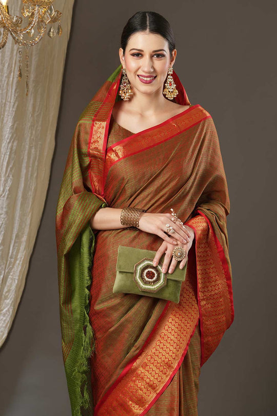 Buy Aura Orange Aura Silk Abstract Woven Design Taant One Minute Saree Online - Front