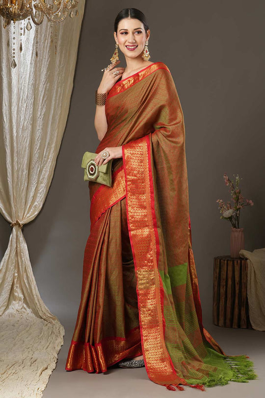 Buy Aura Orange Aura Silk Abstract Woven Design Taant One Minute Saree Online - Side