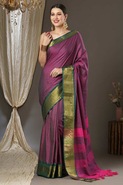 Buy Disha Dark Pink Aura Silk Woven Taant One Minute Saree Online - One Minute Saree