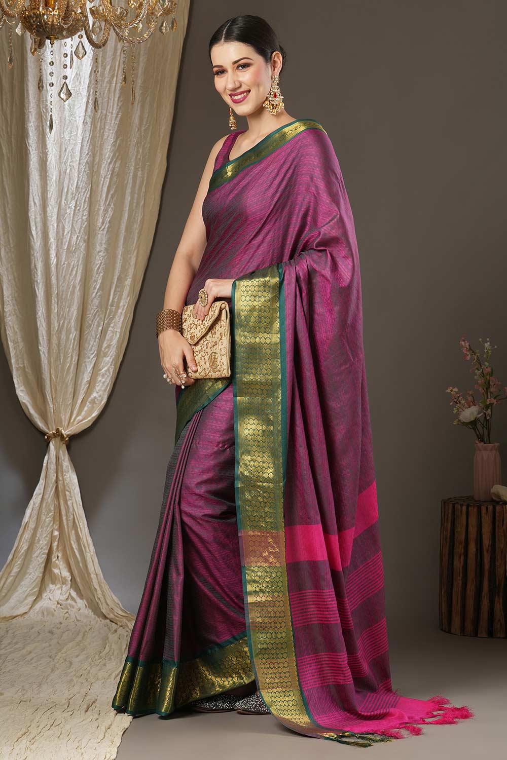 Buy Disha Dark Pink Aura Silk Woven Taant One Minute Saree Online - Side