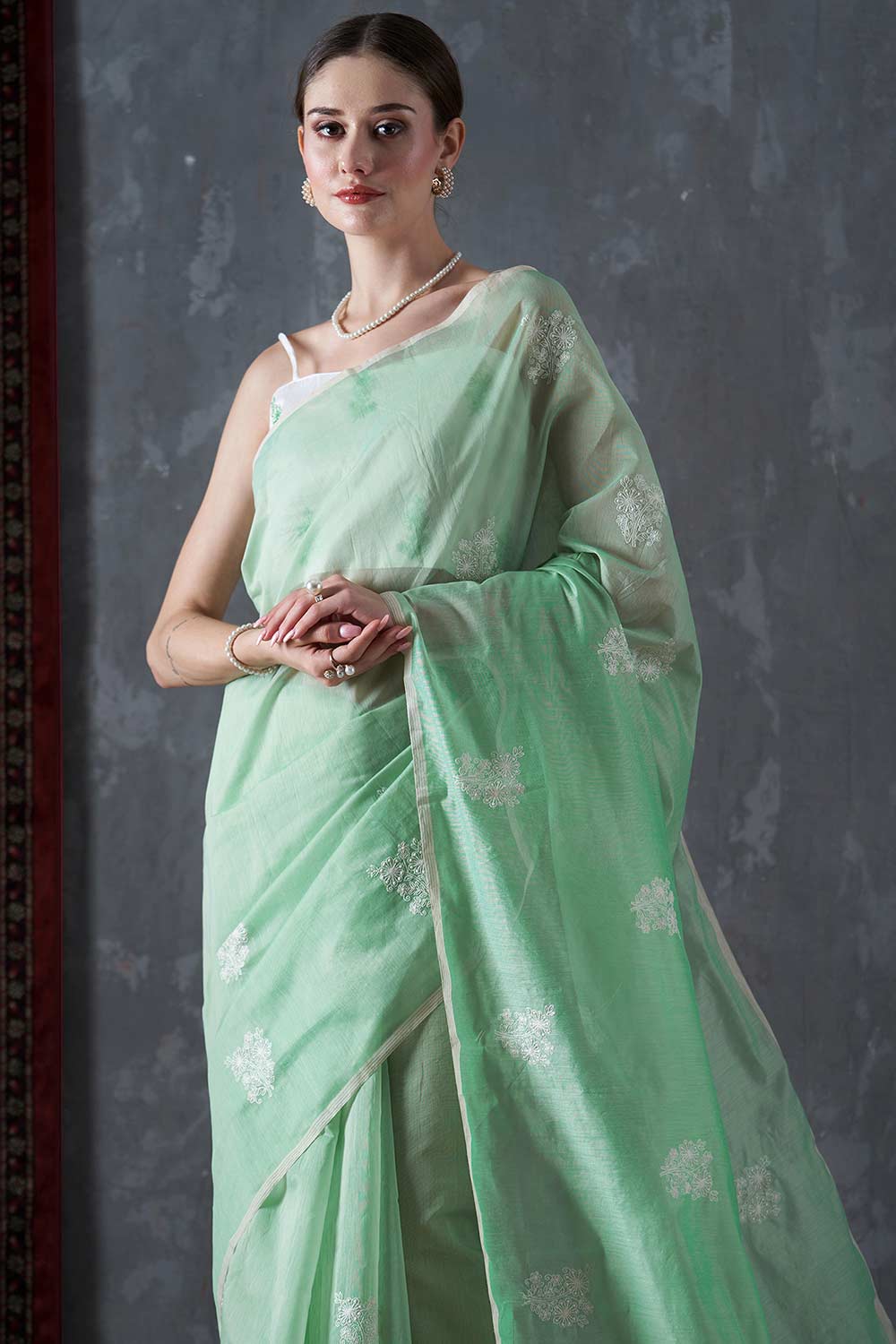 Buy Tessa Light Green Cotton Blend Embroidered One Minute Saree Online - One Minute Saree