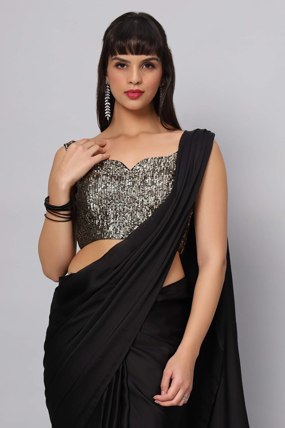 Buy Zaara Black Satin with Feather Trim One Minute Saree Online