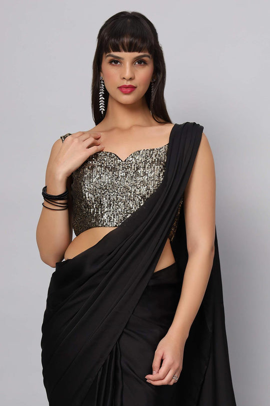 Buy Zaara Black Satin with Feather Trim One Minute Saree Online