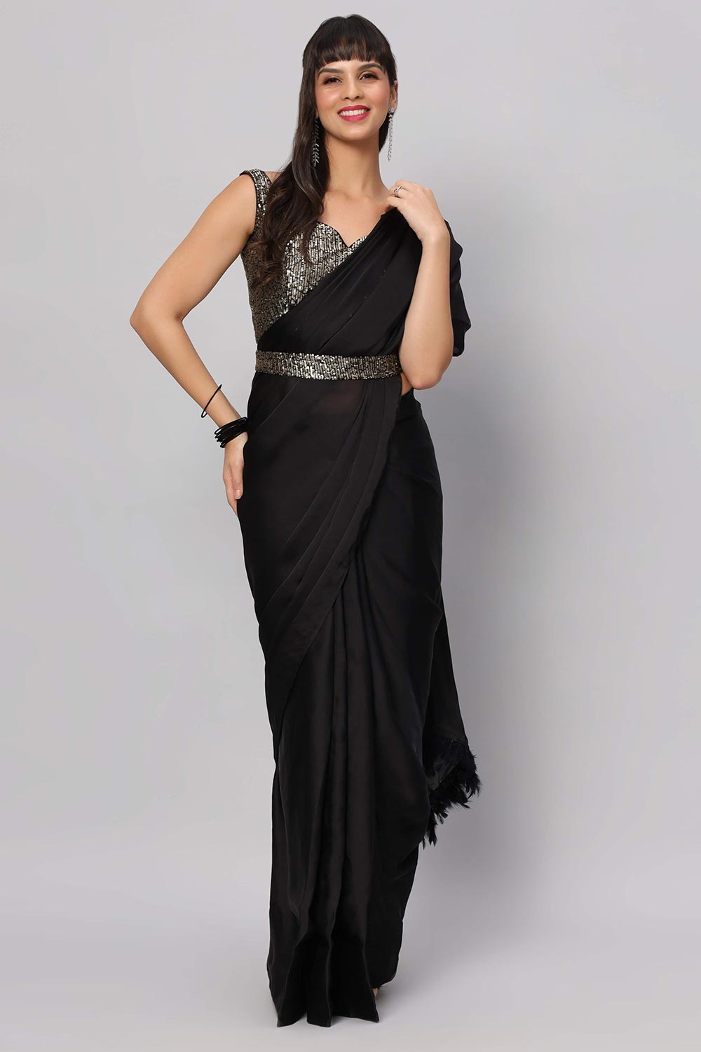 Buy Zaara Black Satin with Feather Trim One Minute Saree Online - One Minute Saree