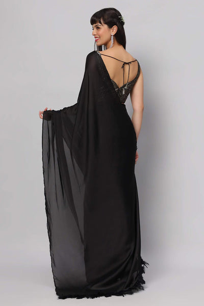 Shop Zaara Black Satin with Feather Trim One Minute Saree at best offer at our  Store - One Minute Saree