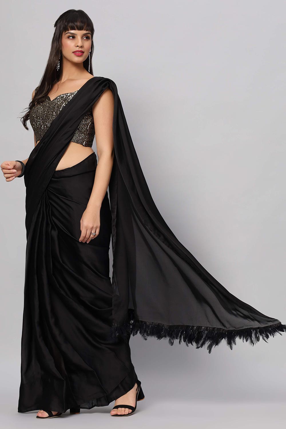 Buy Zaara Black Satin with Feather Trim One Minute Saree Online - Back