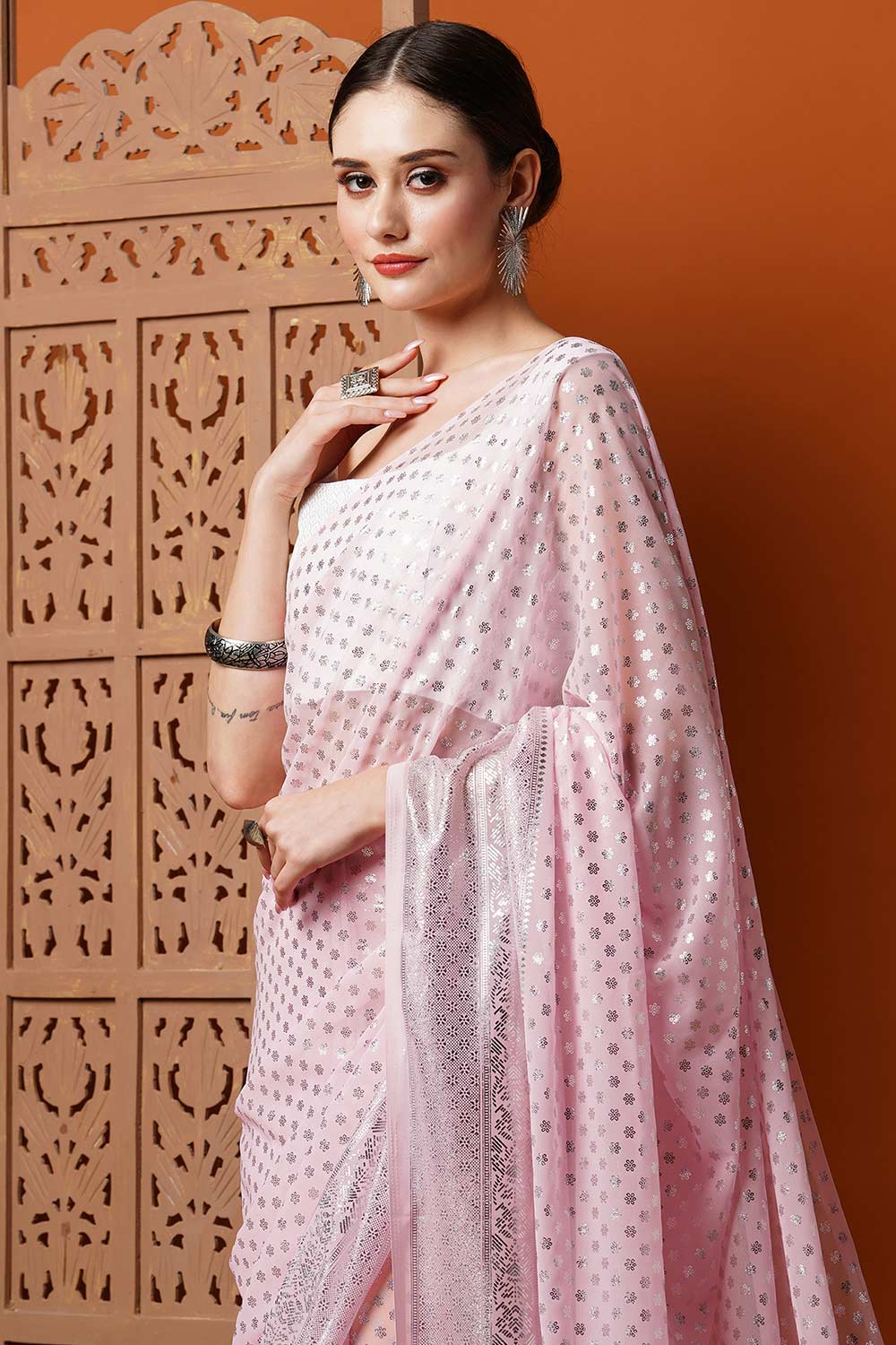 Buy Iris Light Pink Georgette Foil Print One Minute Saree Online - One Minute Saree