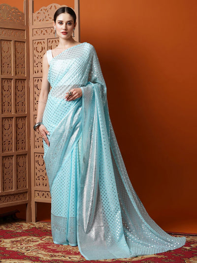 Shop Iris Light Blue Georgette Foil Print One Minute Saree at best offer at our  Store - One Minute Saree