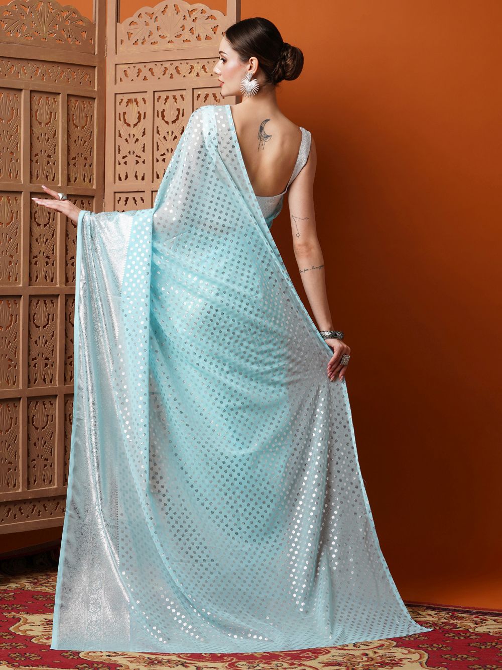 Buy Iris Light Blue Georgette Foil Print One Minute Saree Online