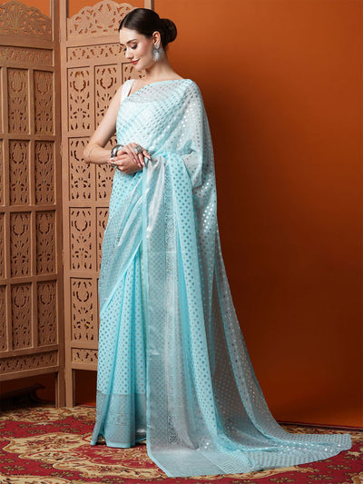 Buy Iris Light Blue Georgette Foil Print One Minute Saree Online - Back