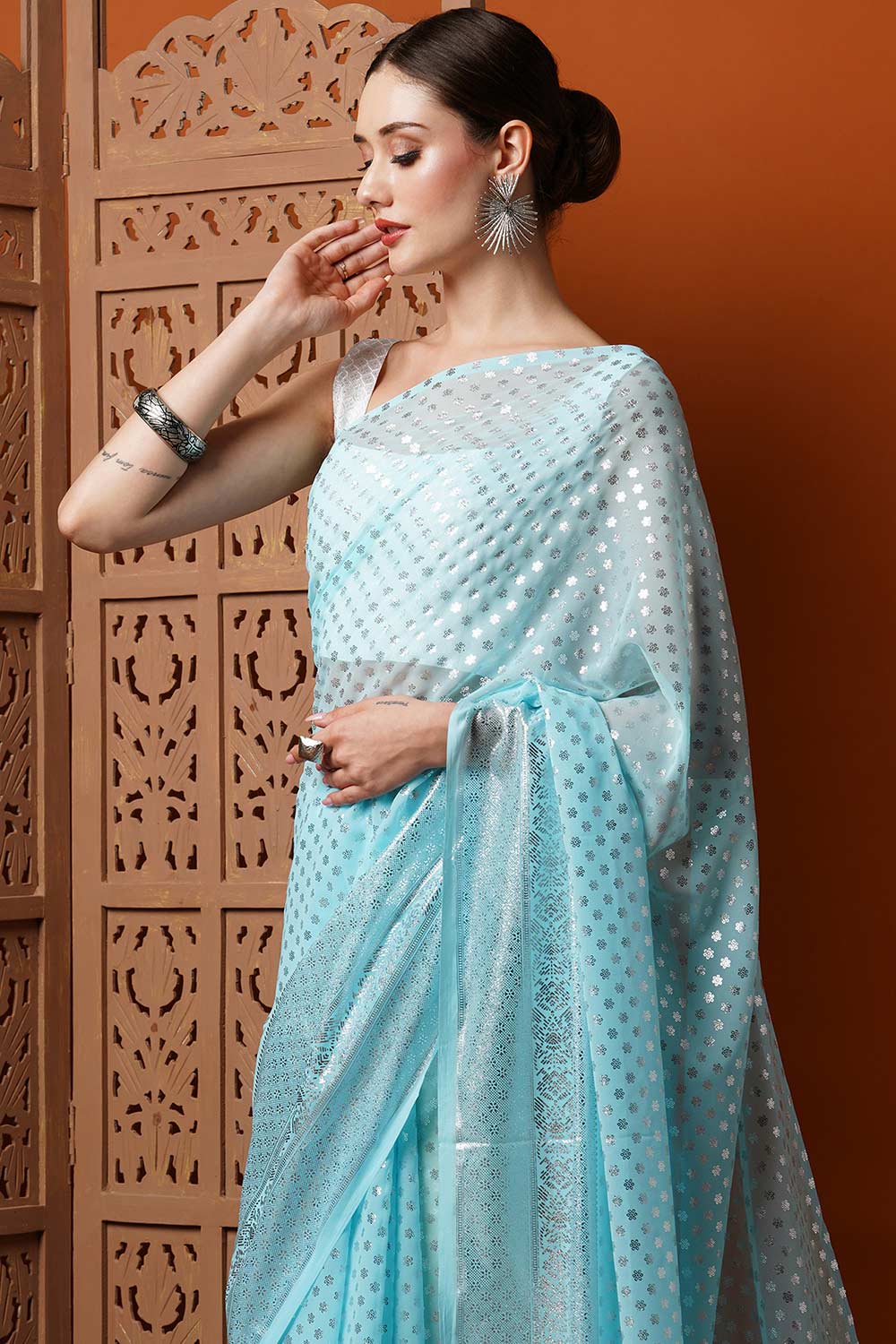 Buy Iris Light Blue Georgette Foil Print One Minute Saree Online - One Minute Saree