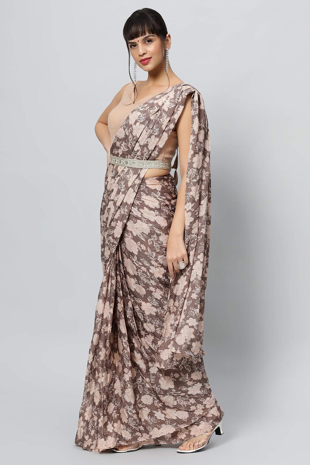 Buy Chloe Beige Georgette Floral Sequins One Minute Saree Online - One Minute Saree